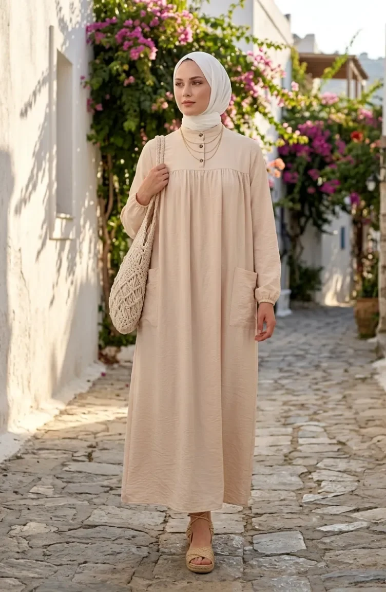 Aerobin Fabric Relaxed Fit Dress With Pockets 0278-03 Beige 0278-03