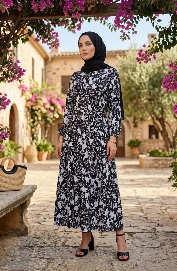 Floral Patterned Layered Belted Dress 0281-01 Black And White 0281-01