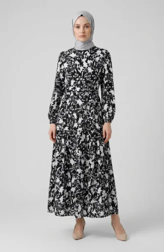 Floral Patterned Layered Belted Dress 0281-01 Black And White 0281-01
