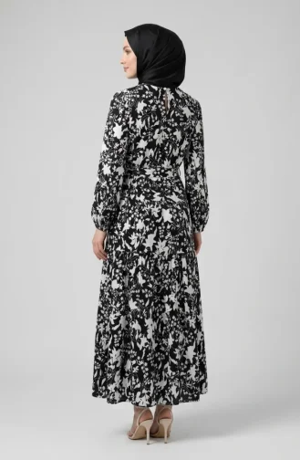 Floral Patterned Layered Belted Dress 0281-01 Black And White 0281-01