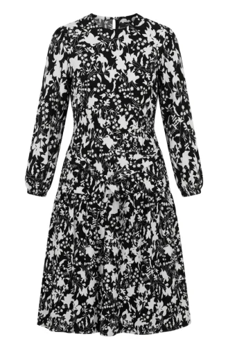 Floral Patterned Layered Belted Dress 0281-01 Black And White 0281-01