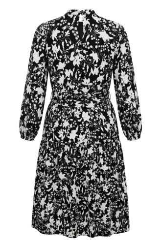 Floral Patterned Layered Belted Dress 0281-01 Black And White 0281-01