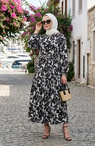 Floral Patterned Layered Belted Dress 0281B-01 Black And White 0281B-01