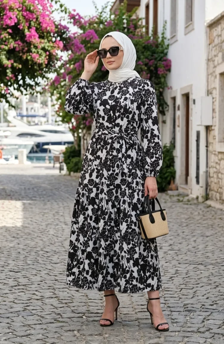 Floral Patterned Layered Belted Dress 0281B-01 Black And White 0281B-01