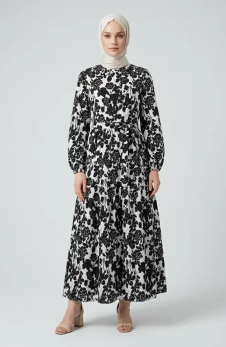 Floral Patterned Layered Belted Dress 0281B-01 Black And White 0281B-01
