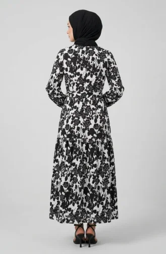 Floral Patterned Layered Belted Dress 0281B-01 Black And White 0281B-01