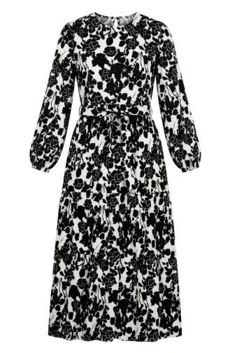 Floral Patterned Layered Belted Dress 0281B-01 Black And White 0281B-01