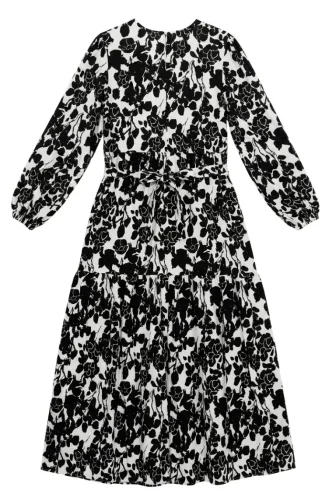 Floral Patterned Layered Belted Dress 0281B-01 Black And White 0281B-01