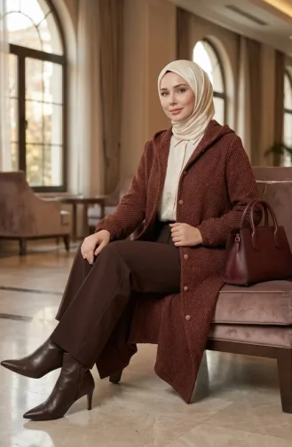 Kapüşonlu Düğmeli Kaşe Kap 0201-02 Kiremit