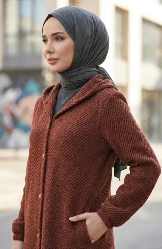 Kapüşonlu Düğmeli Kaşe Kap 0201-02 Kiremit