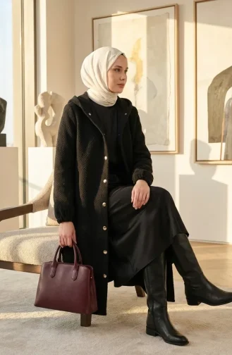 معطف كشمير أسود بغطاء رأس وأزرار أمامية 0201-05 0201-05