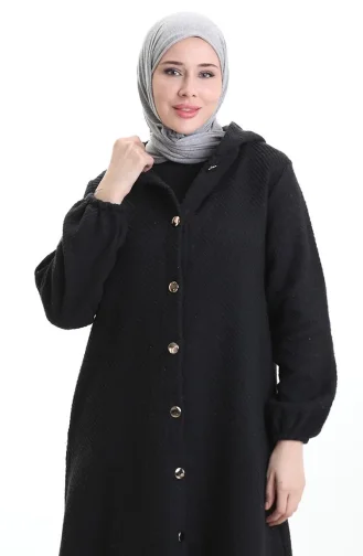 معطف كشمير أسود بغطاء رأس وأزرار أمامية 0201-05 0201-05