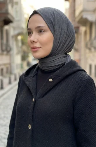 معطف كشمير أسود بغطاء رأس وأزرار أمامية 0201-05 0201-05