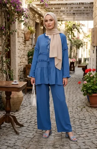 Modal Fabric Ruffled Lace-Up Two-Piece Set 2270-01 Indigo 2270-01