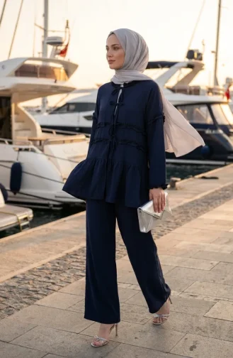 Modal Fabric Ruffled Lace-Up Two-Piece Set 2270-02 Navy Blue 2270-02