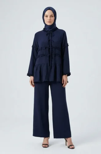 Modal Fabric Ruffled Lace-Up Two-Piece Set 2270-02 Navy Blue 2270-02