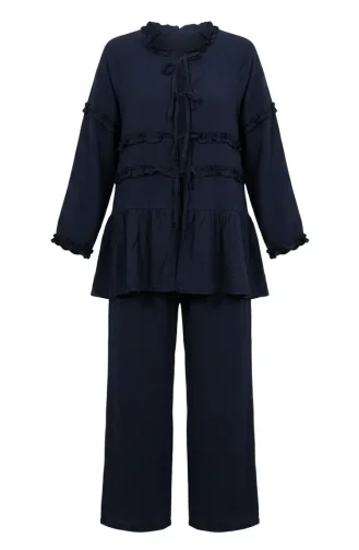 Modal Fabric Ruffled Lace-Up Two-Piece Set 2270-02 Navy Blue 2270-02