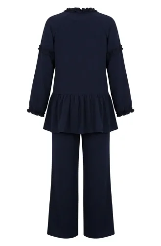 Modal Fabric Ruffled Lace-Up Two-Piece Set 2270-02 Navy Blue 2270-02