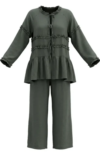 Modal Fabric Ruffled Lace-Up Two-Piece Set 2270-03 Khaki 2270-03