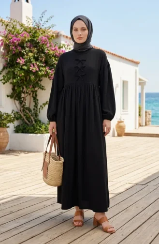 Robe Hijab En Mousseline Avec Nœud Décoratif 2272-02 Noir 2272-02
