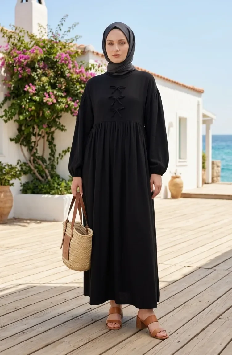 Robe Hijab En Mousseline Avec Nœud Décoratif 2272-02 Noir 2272-02