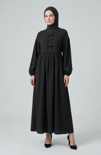 Robe Hijab En Mousseline Avec Nœud Décoratif 2272-02 Noir 2272-02