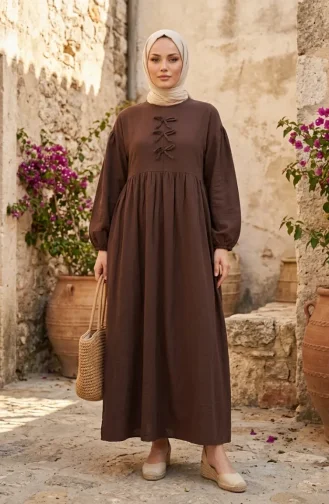 Muslin Fabric Hijab Dress With Bow Detail 2272-03 Brown 2272-03