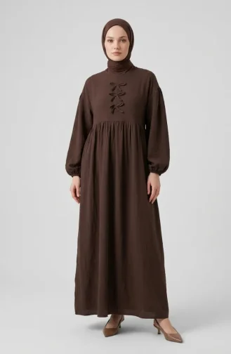 Muslin Fabric Hijab Dress With Bow Detail 2272-03 Brown 2272-03