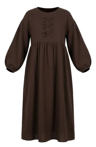 Muslin Fabric Hijab Dress With Bow Detail 2272-03 Brown 2272-03