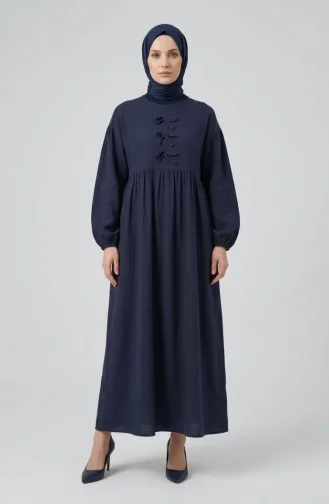 Muslin Fabric Hijab Dress With Bow Detail 2272-05 Navy Blue 2272-05