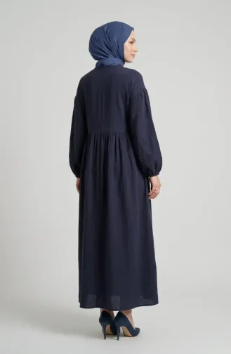 Muslin Fabric Hijab Dress With Bow Detail 2272-05 Navy Blue 2272-05