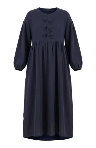 Muslin Fabric Hijab Dress With Bow Detail 2272-05 Navy Blue 2272-05
