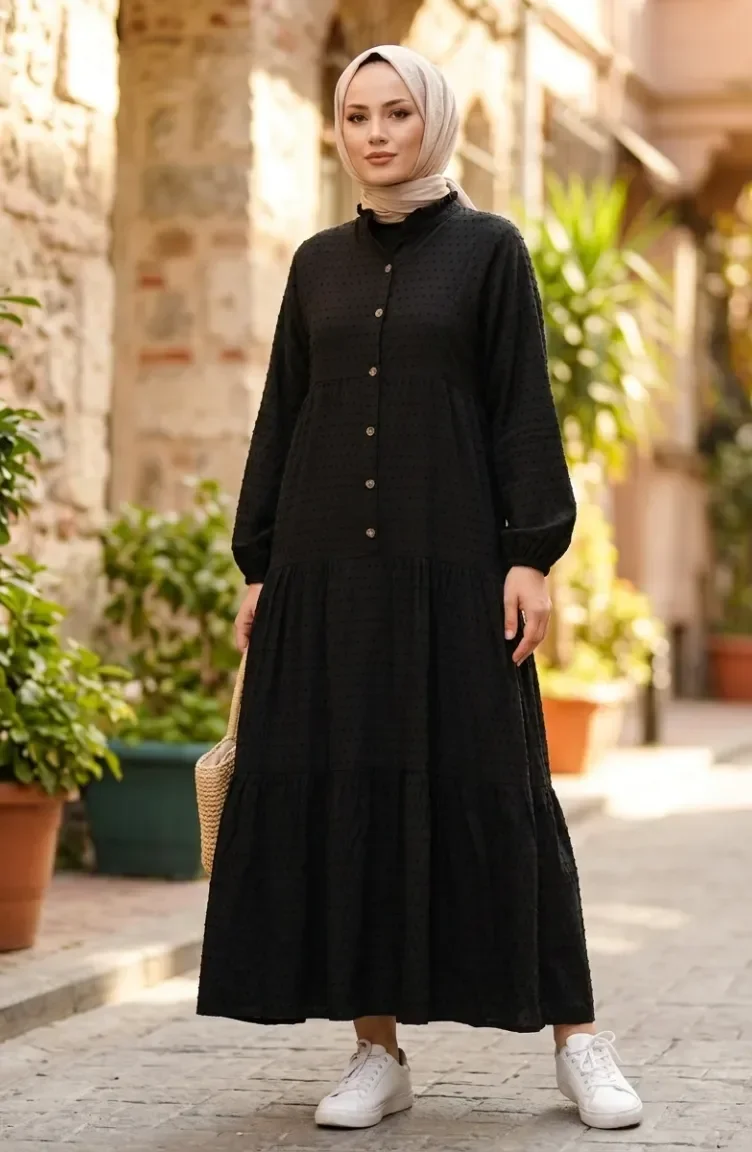 Robe Boutonnée Texturée En Relief 2255-04 Noire 2255-04