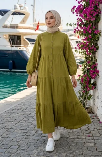 Robe Boutonnée Texturée En Relief 2255-05 Vert Olive 2255-05