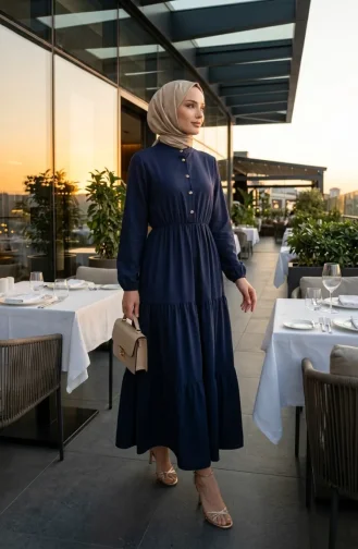 Robe à Demi-boutons Et Taille élastiquée 0276-01 Bleu Marine 0276-01
