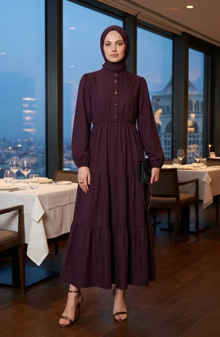 Robe à Demi-boutonnage Et Taille élastiquée 0276-02 Prune 0276-02