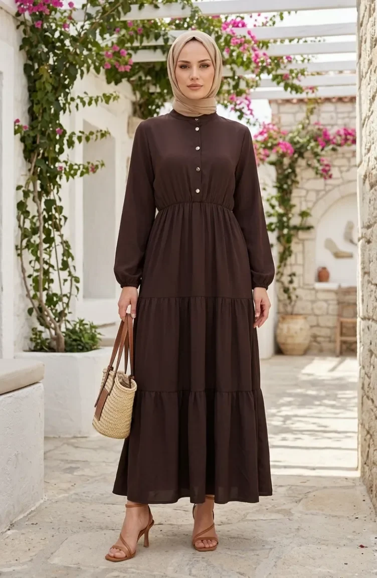 Robe Marron à Demi-boutons Et Taille élastiquée 0276-03 0276-03