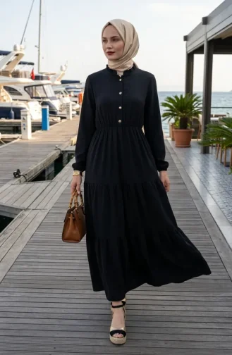 Robe Noire à Demi-boutons Et Taille élastiquée 0276-04 0276-04