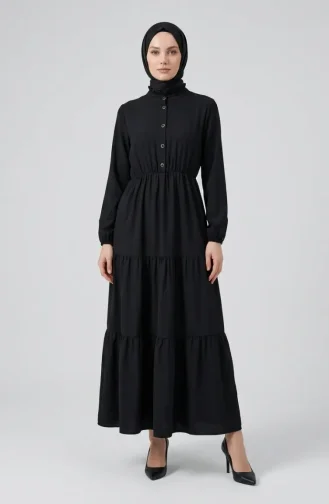 Robe Noire à Demi-boutons Et Taille élastiquée 0276-04 0276-04