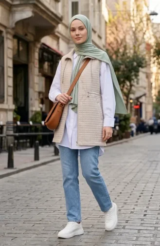 Steppweste Mit Reißverschlusstaschen 12032-04 Beige 12032-04