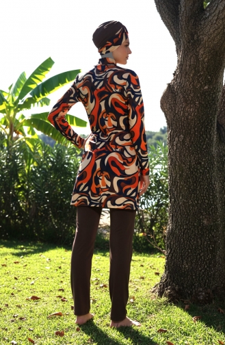 Ebru Patterned 3-Piece Modest Swimsuit 26915-01 Brown 26915-01