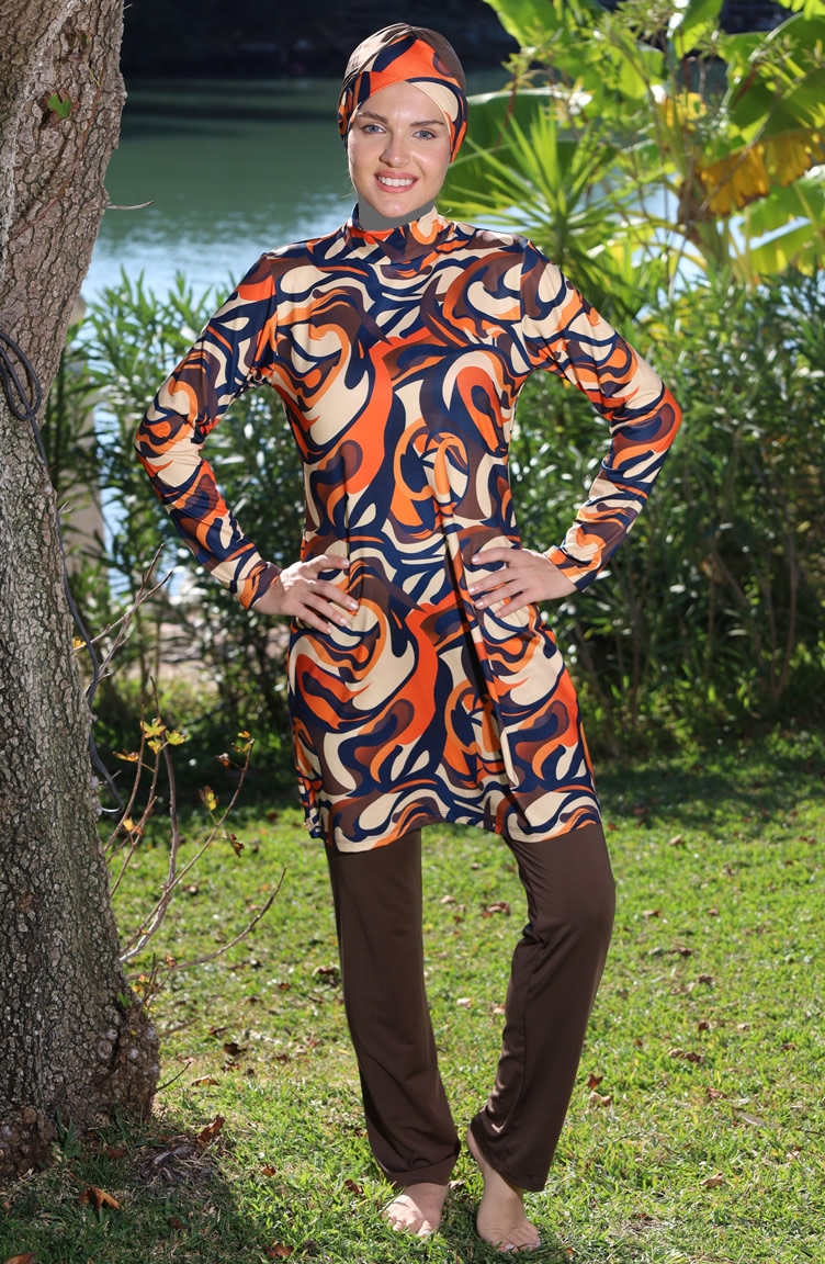 Ebru Patterned 3-Piece Modest Swimsuit 26915-01 Brown 26915-01