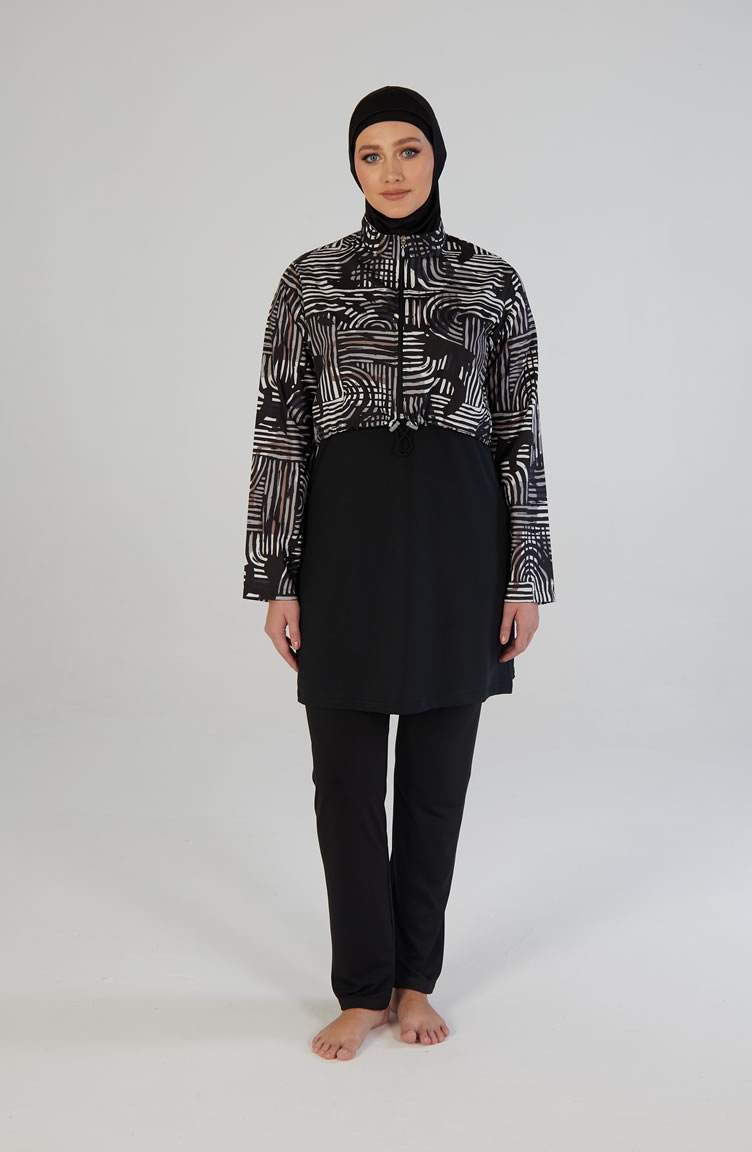 Zebra Desenli Fermuarlı 3lü Tesettür Mayo 26970-01 Siyah