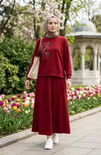 Ensemble Deux Pièces Avec Broderie Florale Et Strass 0255-04 Bourgogne. 0255-04