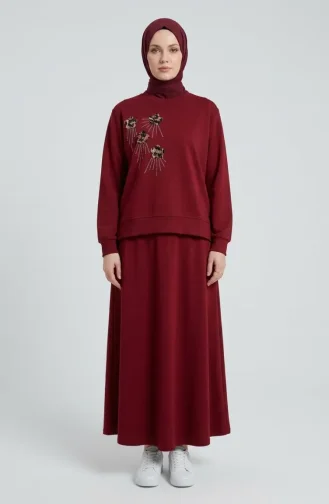 Ensemble Deux Pièces Avec Broderie Florale Et Strass 0255-04 Bourgogne. 0255-04
