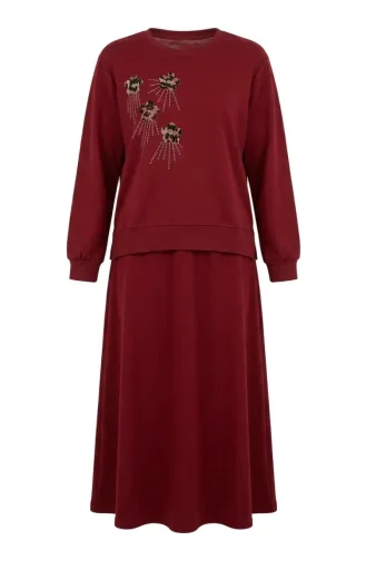 Ensemble Deux Pièces Avec Broderie Florale Et Strass 0255-04 Bourgogne. 0255-04