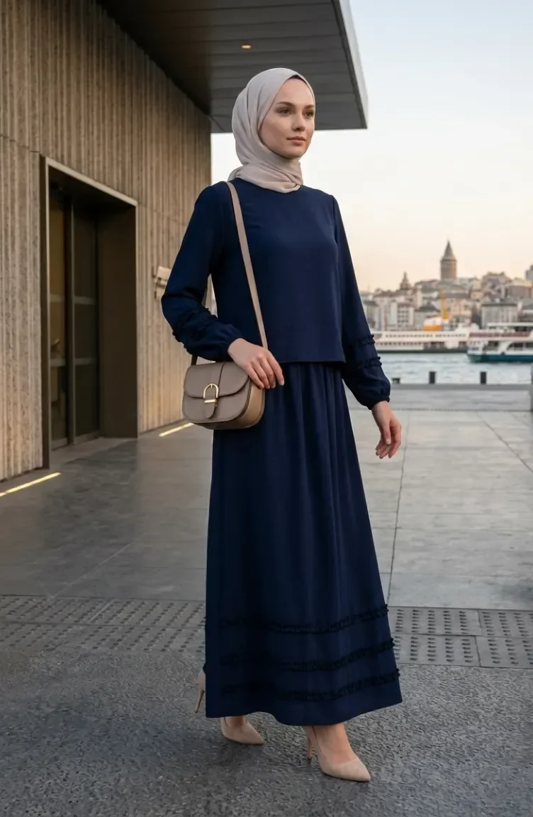 طقم مكون من قطعتين: بلوزة وتنورة مكشكشة، لون كحلي، رقم الموديل 0279-05 0279-05