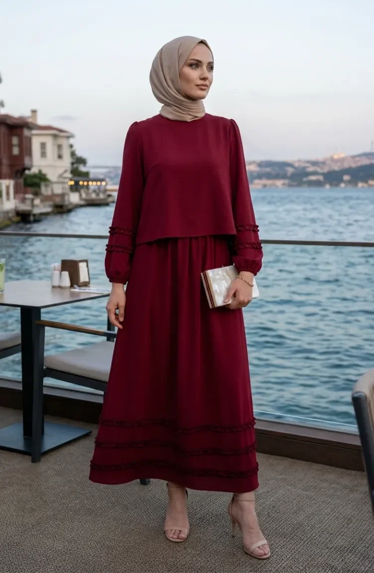 Ruffled Blouse And Skirt Two-Piece Set 0279-07 Burgundy 0279-07