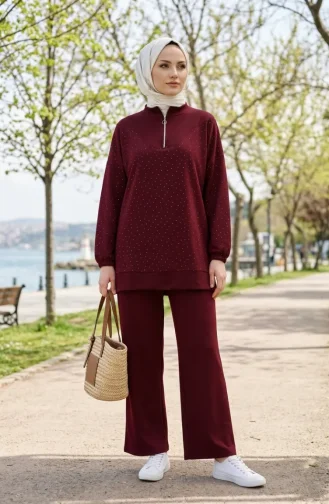 Oysho Kumaş Taşlı Fermuarlı Tunik Pantolon ikili Takım 0282-02 Bordo