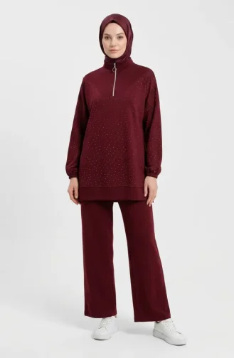 Oysho Kumaş Taşlı Fermuarlı Tunik Pantolon ikili Takım 0282-02 Bordo